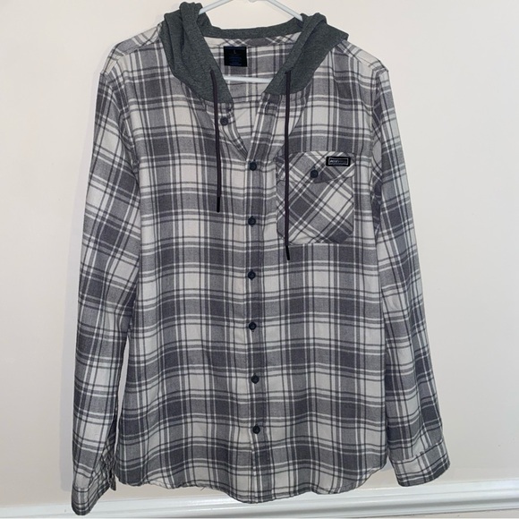 Mitch’s Surf Shop Men's Size L Hooded Flannel Shirt Gray/White - Solana Beach - Picture 1 of 4